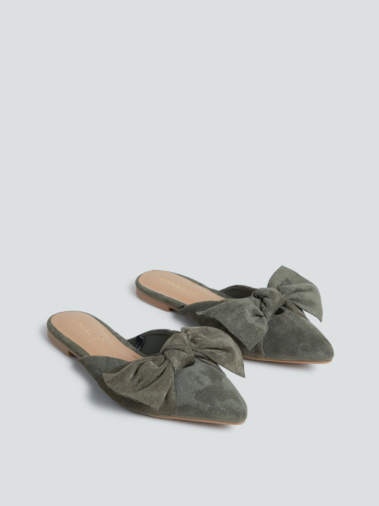 LUNA BLU Olive Bow-Detailed Mules